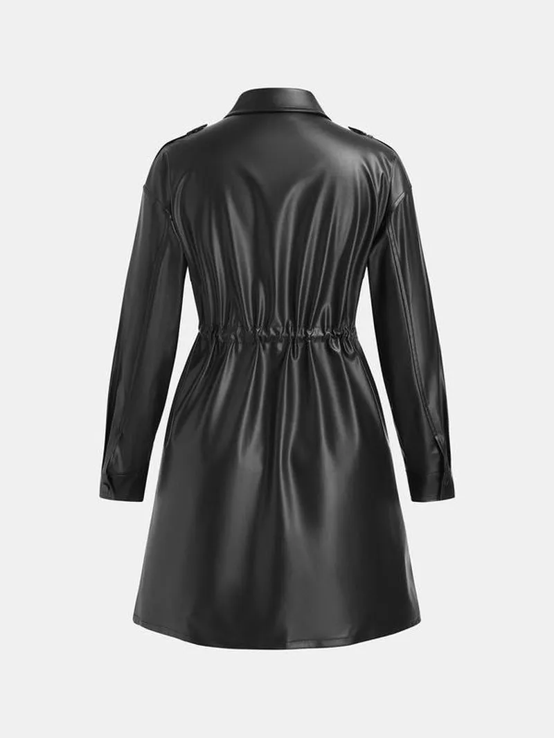 YOZY Christmas Deals Women'S Solid Color Button Front Drawstring PU Leather Trench Coat, Casual Long Sleeve Collared Pocket Coat for Spring & Fall, Christmas 2024 Trend, Christmas Clothes, Fall&Winter Clothes, Christmas Gift Ideas