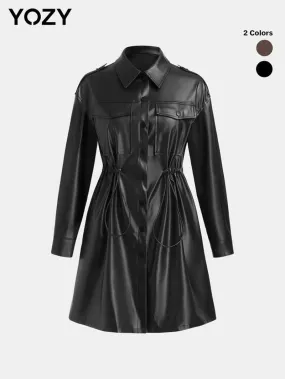 YOZY Christmas Deals Women'S Solid Color Button Front Drawstring PU Leather Trench Coat, Casual Long Sleeve Collared Pocket Coat for Spring & Fall, Christmas 2024 Trend, Christmas Clothes, Fall&Winter Clothes, Christmas Gift Ideas